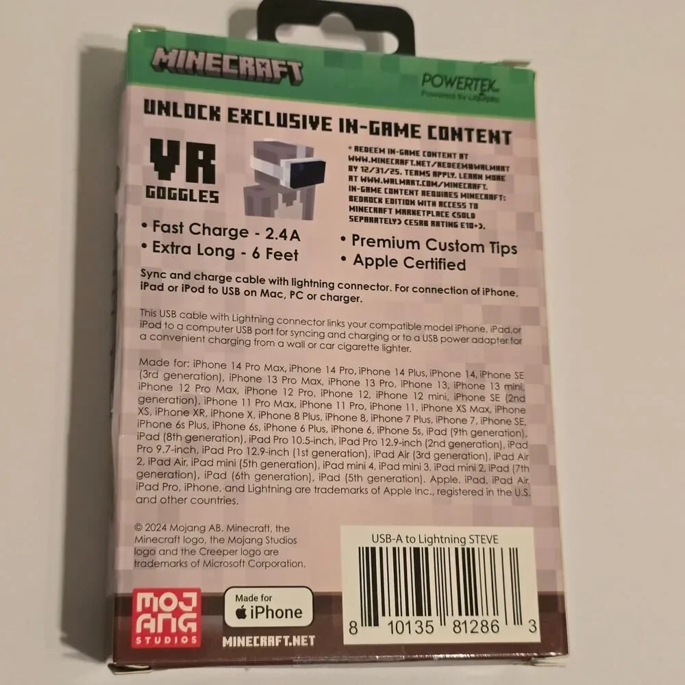 Minecraft Steve USB-A to Lightning 6 Foot Charger